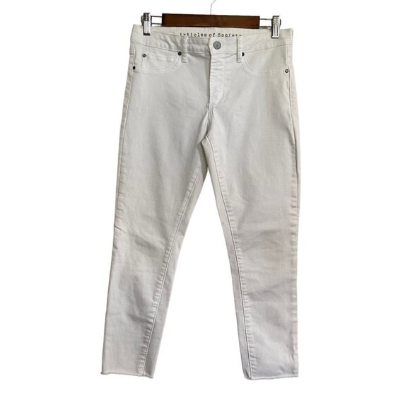 Articles Of Society Womens White Denim Mid Rise Raw Hem Cut Off Skinny Jeans 27 - Picture 1 of 11